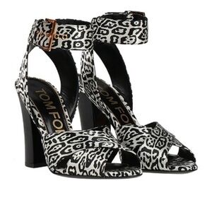 Tom Ford / NEW leopard sandal animal printed heel cross block black white 38 8